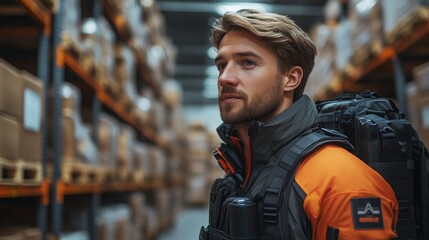 Exoskeleton-enhanced worker in a warehouse setting assessing inventory tasks during daytime