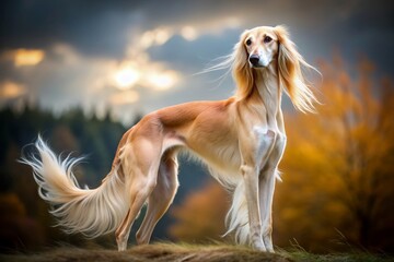 Majestic saluki dog stands proudly against a blurred background, its silky coat blowing back in the wind, showcasing its slender build and elegant features.