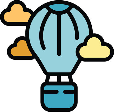 recommend clip art: Minimalist vector illustration of a blue hot air balloon flying in a cloudy sky, ideal for travel and tourism related designs