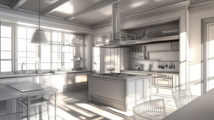 An abstract sketch design of an interior kitchen rendered in 3D