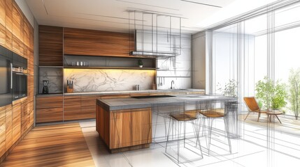 An abstract sketch design of an interior kitchen rendered in 3D
