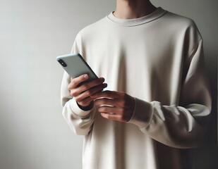 A man standing while holding his smartphone - stock photo