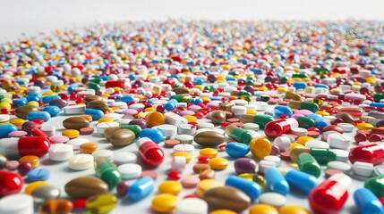 Fototapeta premium Diverse Array Of Medicine Pills And Capsules Displayed In A Random Pattern, Highlighting Healthcare. Generative AI