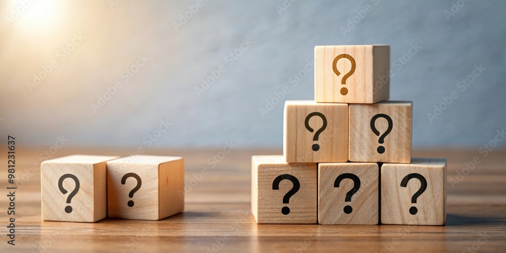 Aufkleber Stacked wooden blocks with question marks symbolizing uncertainty, decision-making, problem-solving, and curiosity on a wooden surface in a minimalist background under soft lighting.
