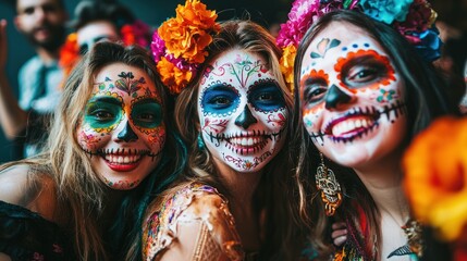 A group of friends in colorful Day of the Dead makeup celebrating at a party.