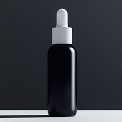 Elegant black dropper bottle with white cap, perfect for essential oils, serums, or beauty products on a minimalist background.