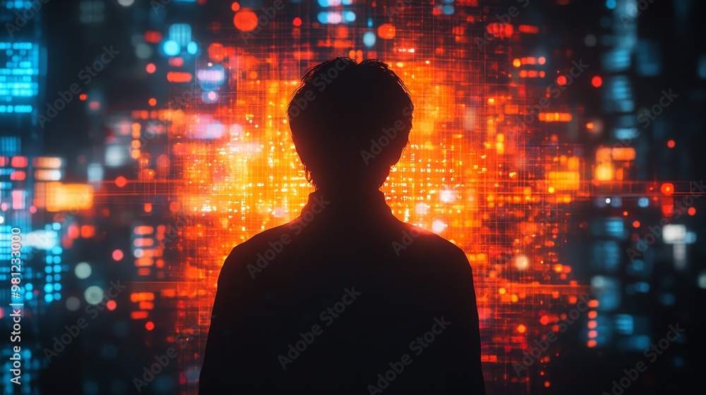 Poster a man stands in front of a computer screen with a city view