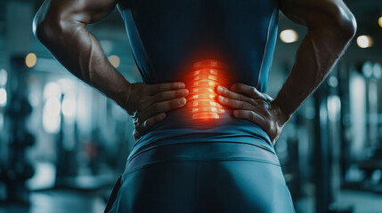 Male athlete grimaces in pain as he holds his lower back after a strenuous workout at the gym