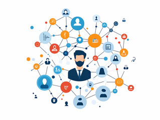 Flat Vector Illustration of Politician's Social Media Influence: Web Structure Showcasing Platform Connections & Engagement Stats