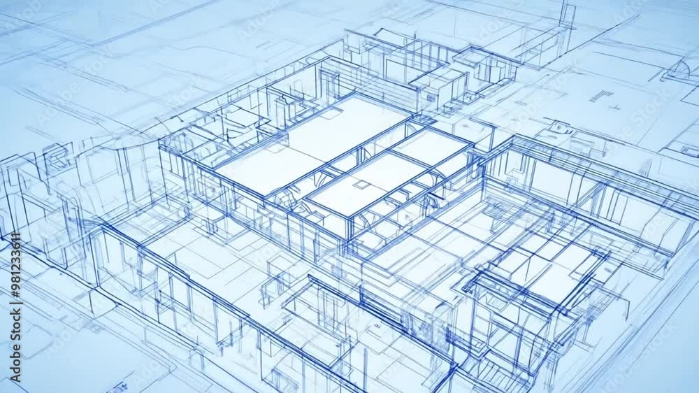 Poster timelapse of a house blueprint progression in 3d render style.