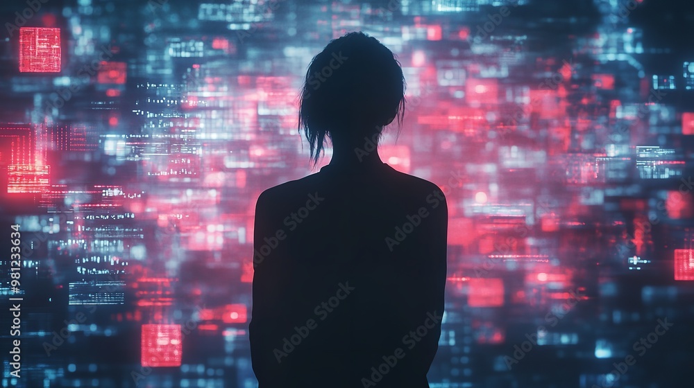 Poster a man stands in front of a computer screen with a city view