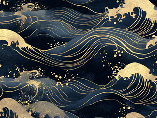 A golden and black pattern of Japanese waves, with the background being dark blue. 