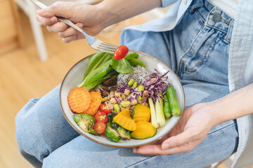 wellness lifestyles eat healthy food for good health concept, Close-up meal of vegan food have variety vegetable and raw freshness produce on the table.