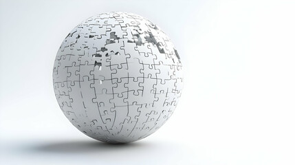 3D Floating White Jigsaw Globe Concept: Close-Up of Assembling Puzzle Globe for Global Mental Health Awareness on Isolated White Background