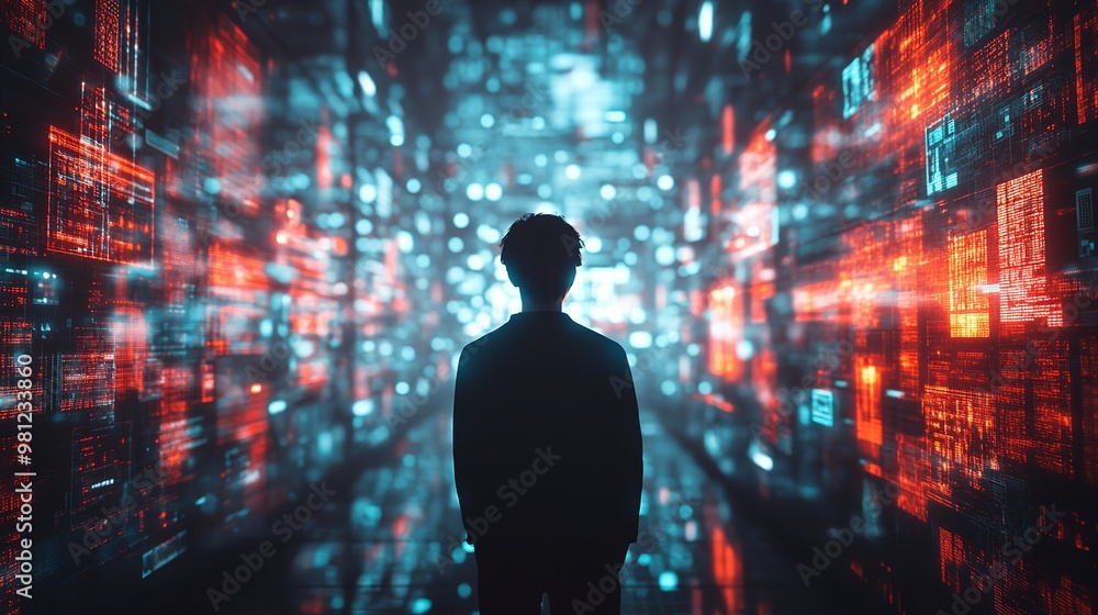 Poster a man stands in front of a computer screen with a city view
