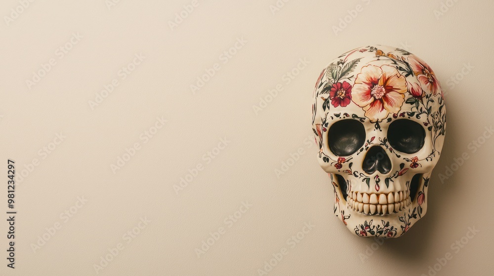 Poster a minimalist sugar skull with delicate floral patterns, centered on a neutral-colored background wit