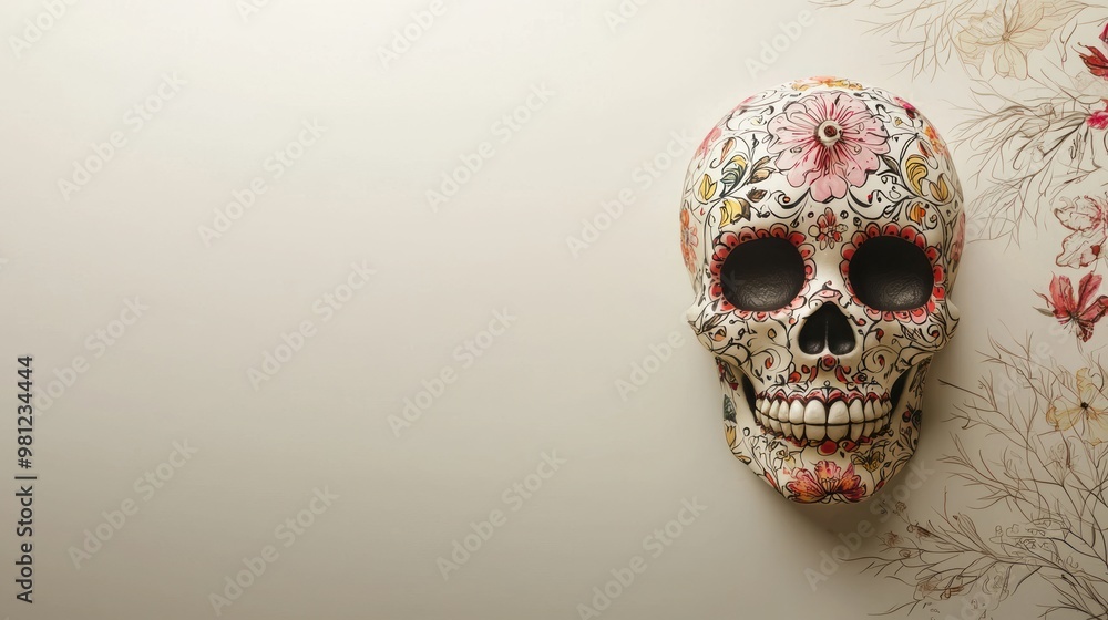 Poster a minimalist sugar skull with delicate floral patterns, centered on a neutral-colored background wit