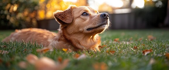 Golden Retriever Dog Lying in Grass with Autumn Leaves