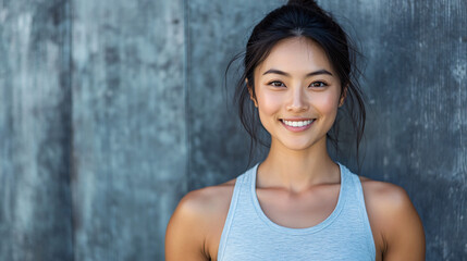 Fototapeta premium Smiling young asian fitness instructor posing against a gray backdrop