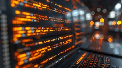 Close-up of Laptop Screen Displaying Lines of Programming Code in Warm, Blurred Office Environment