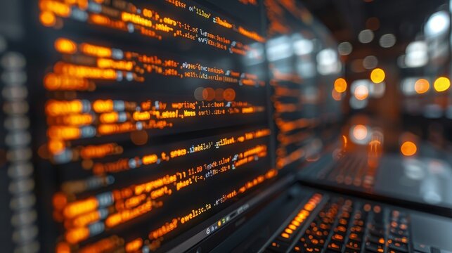 Close-up of Laptop Screen Displaying Lines of Programming Code in Warm, Blurred Office Environment