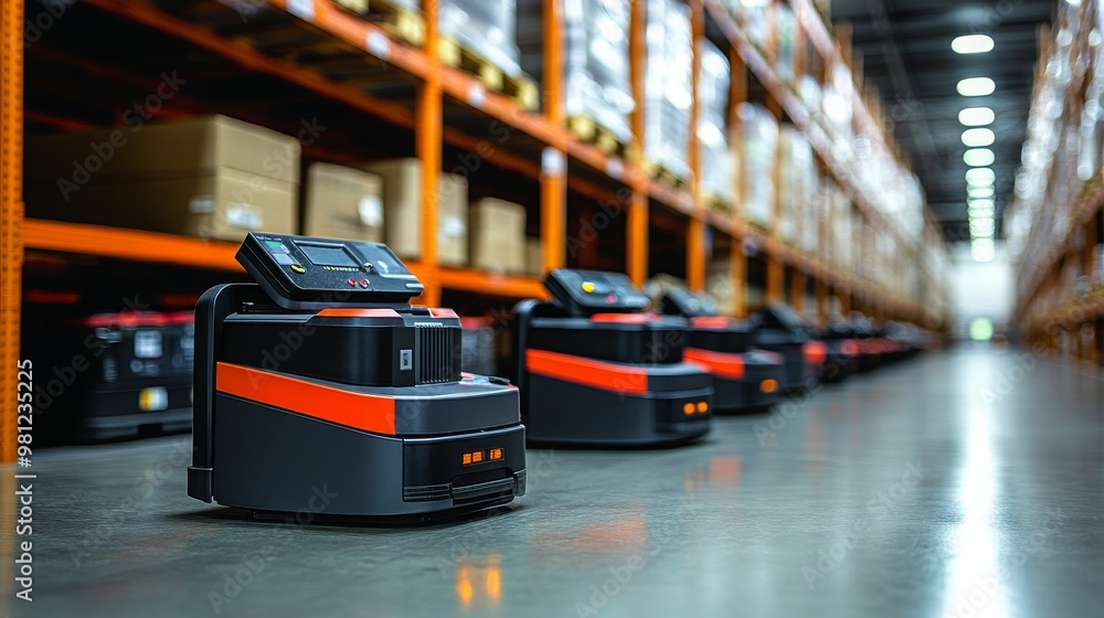 Poster a fleet of automated mobile robots preparing for shift change in a warehouse setting