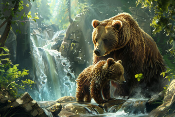 Mother bear and cub at the waterfall
