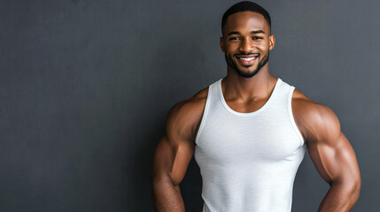 Fototapeta premium Smiling muscular man standing confidently with hands on hips against a grey backdrop