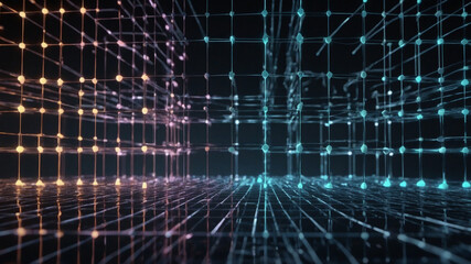 A glowing 3D grid representing digitalization, waves, and networks, created using generative AI technology.