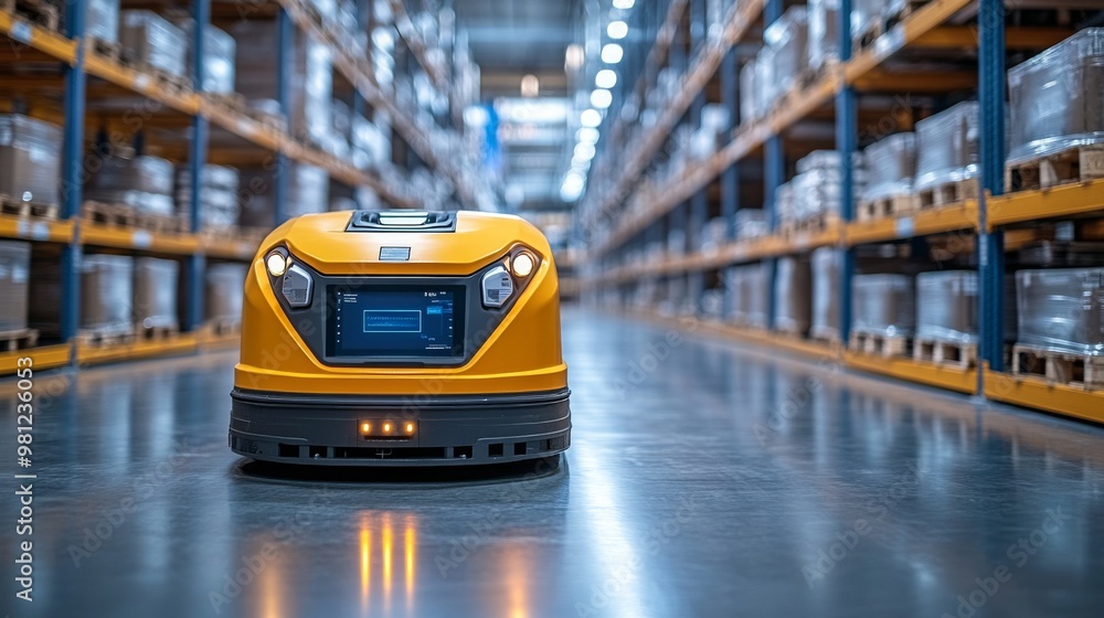 Poster automated guided vehicle operating in a warehouse with advanced ai vision technology
