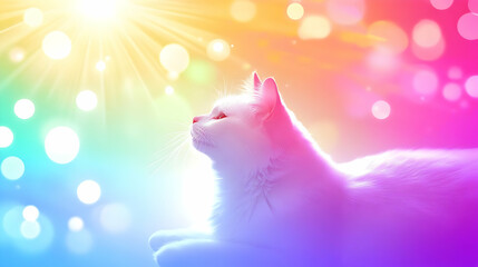White Cat Basking in a Rainbow of Light