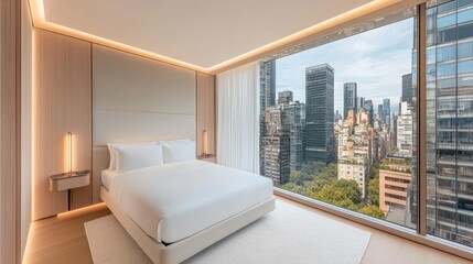 The bedroom features a cozy bed against white walls, accented by beige curtains and gentle LED lighting that creates a tranquil ambiance