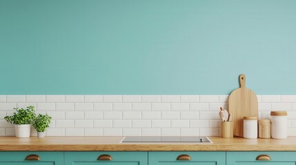 Pastel blue kitchen with wooden countertops, white tile backsplash, and minimalist fixtures, colorful kitchen interior, modern cozy design