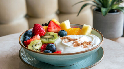 A vibrant bowl of fresh fruit salad with strawberries, kiwi, blueberries, yogurt in a soft restaurant setting, perfect for healthy dining. 