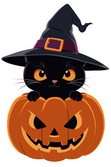 Halloween illustration of carved pumpkin with black cat in witch hat inside on transparent background.