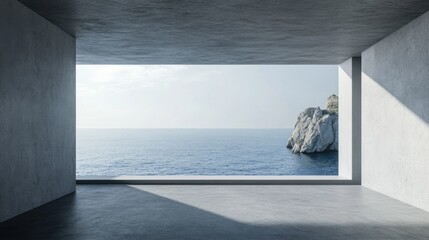 Terrace with sea view. Empty balcony room made of concrete. Modern interior design made of gray stone.