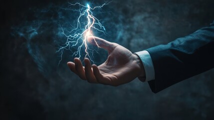 A determined businessman holds a striking electric bolt, symbolizing immense power, groundbreaking innovation, and the dynamic potential that drives progress and success in todays world