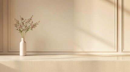 Beige tabletop on classic wall panels background. Empty concrete countertop for cosmetics, drinks and food presentation. Clean marble desk for advertising design.