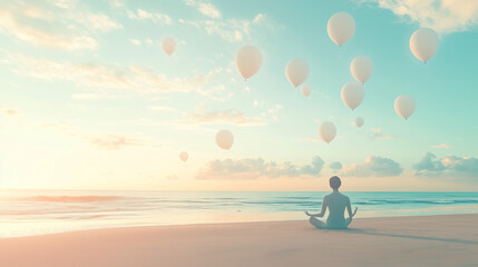 Silhouette meditating on beach with floating balloons at sunrise, mindfulness and relaxation