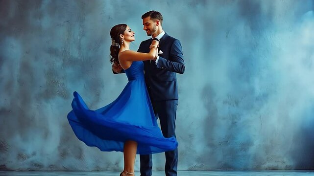 Professional tango dancers in a couple wearing a sophisticated black dress and suit, dancing in an open-back position on a white background.