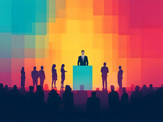 Flat Plain Gradient Background with Shadow Puppets Voting Scenes - Simple Vector Illustration Highlighting the Importance of Every Vote - Wide Copy Space for Storytelling