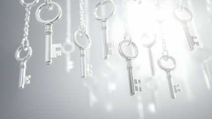 3D Floating Holographic White Keys Unlocking Doors: Close-Up Concept Showcasing Opportunities for Growth on an Isolated White Background