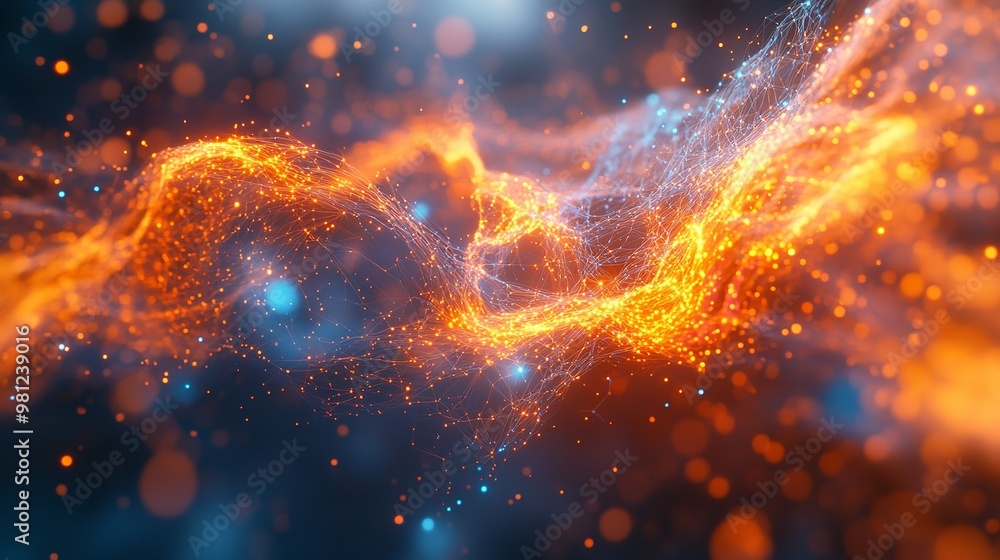Aufkleber this image captures a dynamic flow of orange glowing particles creating a wave in a digital, futuris