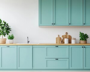 Bright kitchen with pastel blue cabinetry, sleek white counters, and warm wooden accents, colorful kitchen interior, modern cozy style