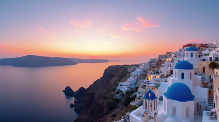Breathtaking Aerial Views of Santorini at Sunset - Iconic White Buildings and Blue Domes Overlooking the Caldera