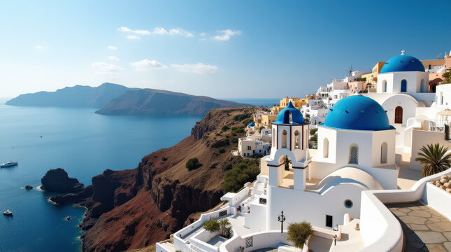 Breathtaking Aerial Views of Santorini at Sunset - Iconic White Buildings and Blue Domes Overlooking the Caldera