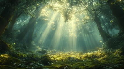 Sunbeams Filtering Through Dense Forest Canopy