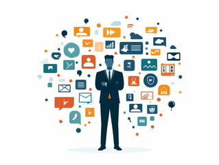 Flat Politician Hologram with Real-Time Social Media Feed - Engaging Metrics & Digital Campaign Strategy Space in Simple Vector Illustration