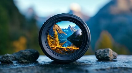 Mountain Lake Through Camera Lens   Nature Photography Concept