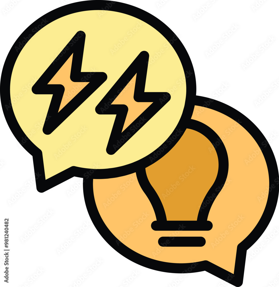 Poster two speech bubbles overlapping with lightning bolts and a light bulb symbolizing a productive brains